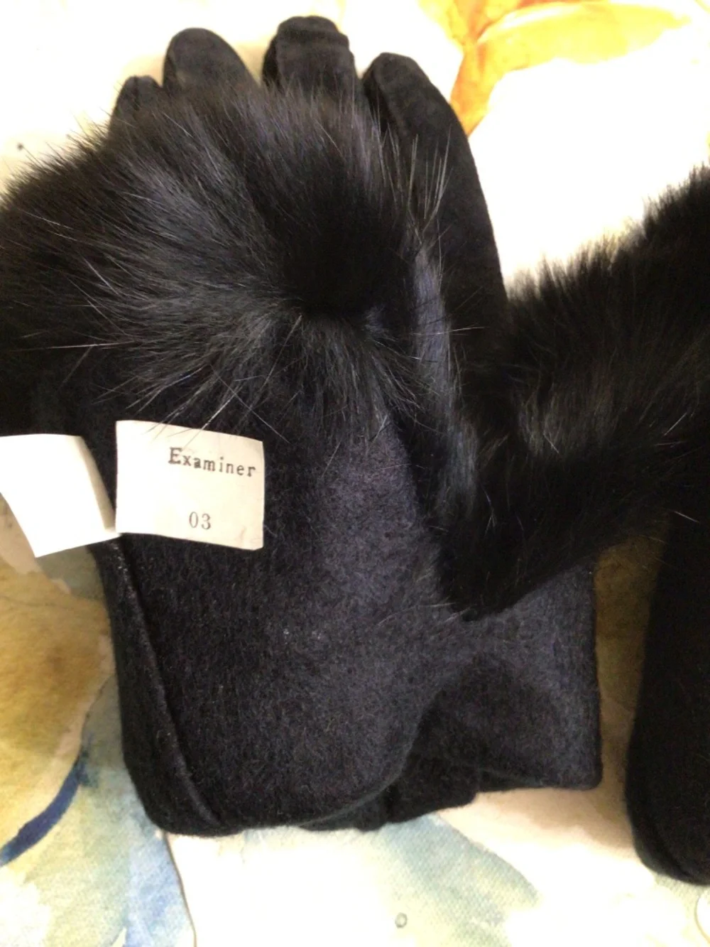 Genuine Suede Leather Black Women’s Gloves with Rabbit Fur Cuffs Size M